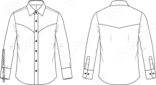 Front and back view of men's western style shirt outline for fashion design.