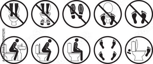 Public restroom etiquette guide showing proper toilet usage and prohibited actions through black pictograms for bathroom hygiene signs.