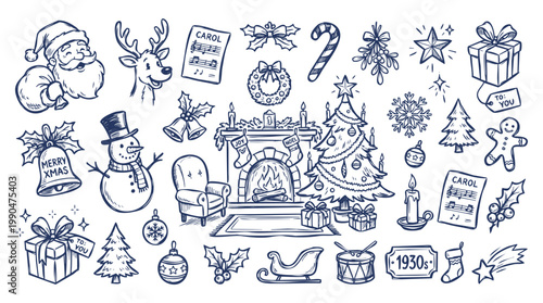 Vintage 1930s Style Merry Christmas and Winter Holiday Doodle Set