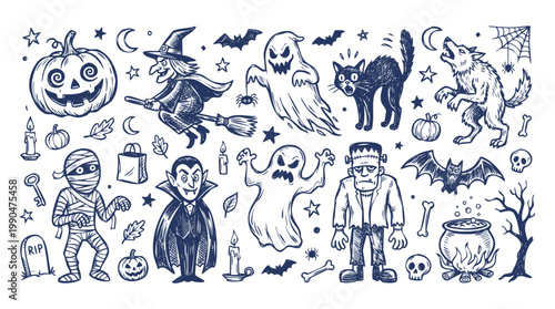 Vintage Retro Style Halloween Spooky Monsters and Horror Character Doodle Set