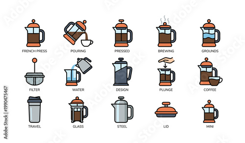 Collection of french press and coffee icons arranged in grid