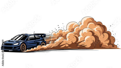 Blue rally car drifting on a dirt track kicking up a large cloud of dust and debris, dynamic motion blur effect.