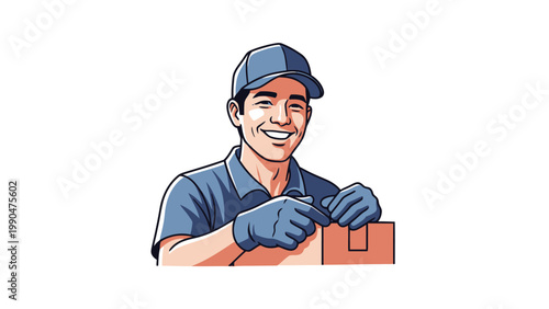 Smiling Delivery Man Holding a Cardboard Box.