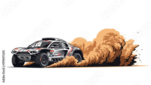 Off-road rally car kicking up dust during a race.