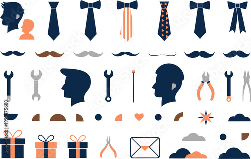 Father's day tie and tool icons set