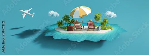 A miniature island scene presents vacation planning with aircraft, luggage, chairs, and umbrella