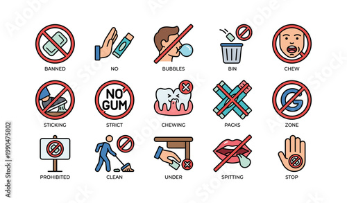 No gum and chewing prohibition icons set on white background
