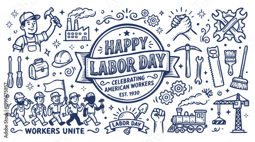 Vintage 1930s Style Happy Labor Day and American Workers Celebration Doodle Set