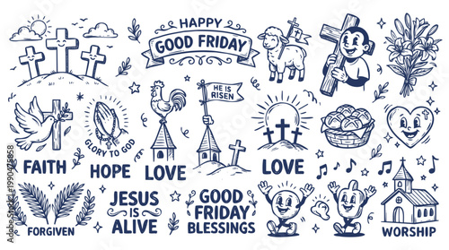 Vintage 1930s Style Happy Good Friday and Easter Religious Doodle Set