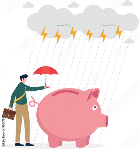 Businessman with umbrella protecting piggy bank from lightning