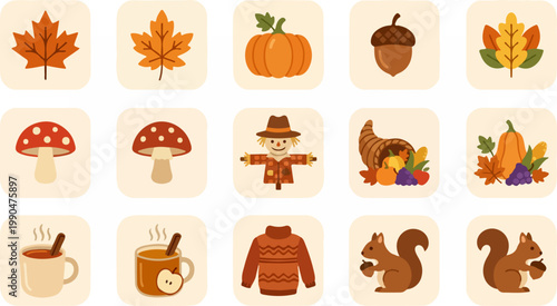 Autumnal Icon Collection - A Delightful Array of Fall Symbols.