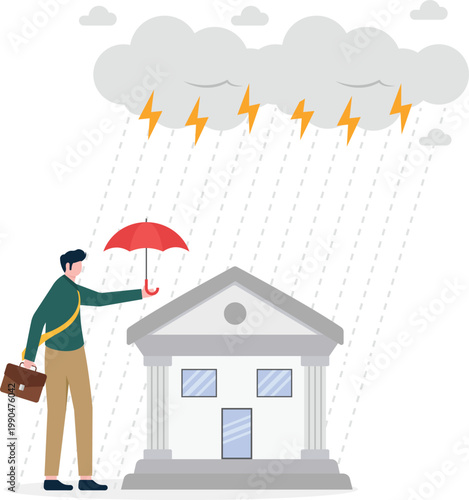 Businessman with umbrella protecting bank building from lightning