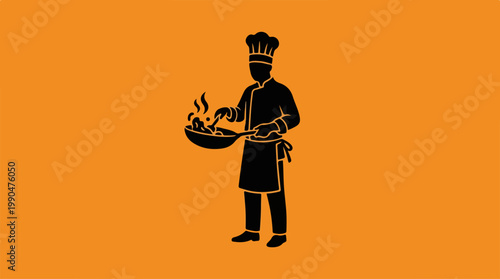 Chef cooking food in a pan with fire on orange background.