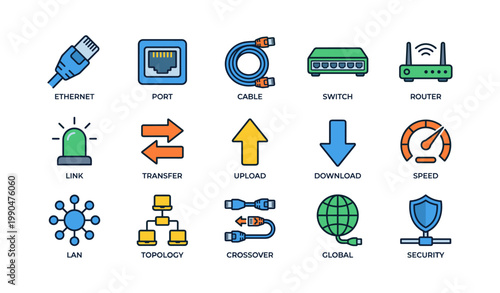 Network icons showing cables ports routers and security
