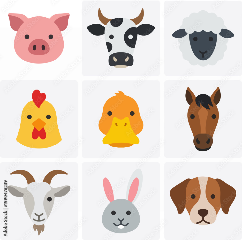 Fototapeta premium Collection of Cute Farm Animal Heads in a Flat Design Style.