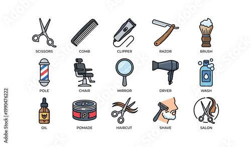 Barber and salon tools displayed in labeled icon grid