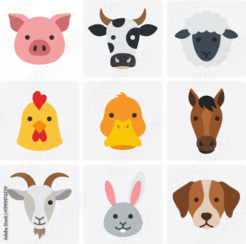 Collection of Cute Farm Animal Heads in a Flat Design Style.