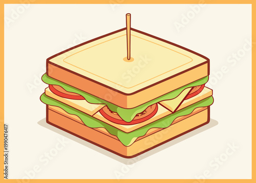An isometric vector illustration of a toasted double-decker sandwich with fresh vegetable layers and a toothpick sits on a subtle shadow.