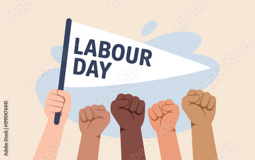 Labour day celebration diverse hands raised in solidarity with a flag