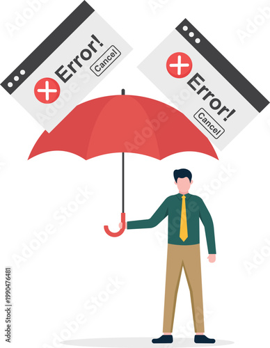 Businessman with umbrella protecting from error windows