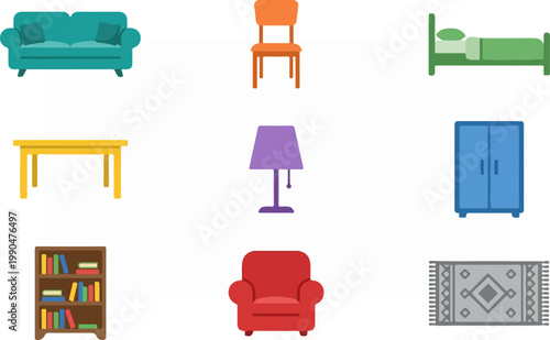 Collection of various furniture items for home interior decoration and design.