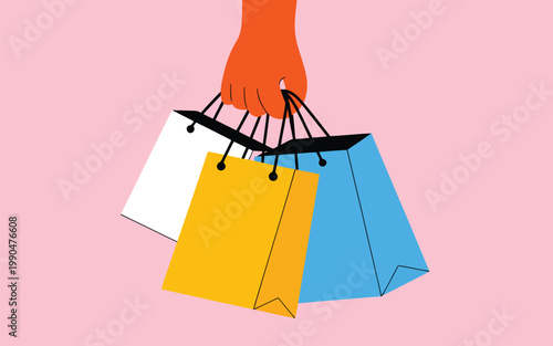 Colorful shopping bags hanging from a hand a modern illustration of consumerism