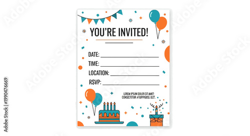 Birthday invitation card with colorful decorations and blank spaces