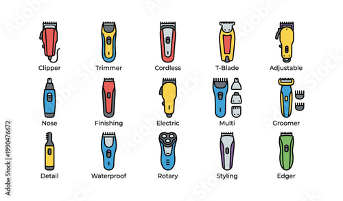 Hair clippers and trimmers icons labeled in grid on white background