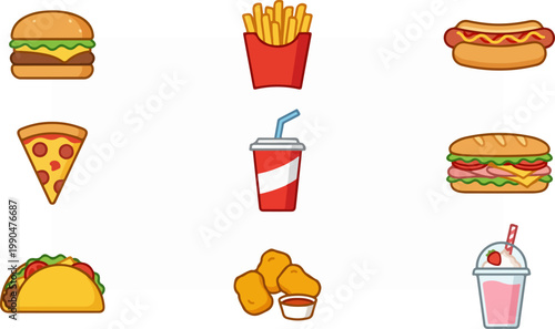 Colorful and Delicious Fast Food Icons on White Background.