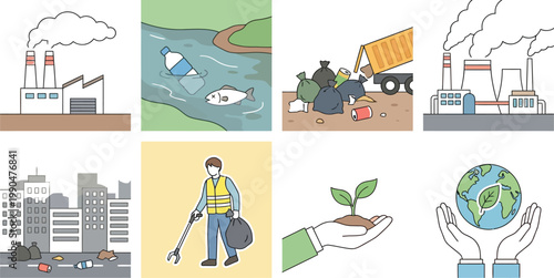 Illustrations depicting environmental challenges and sustainable solutions Vector