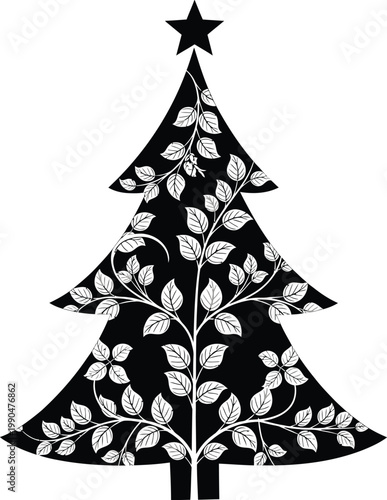 Black christmas tree silhouette with white leaf vine pattern and star topper