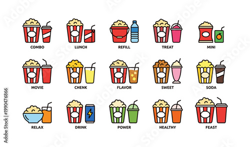 Popcorn and drink combos in various serving styles on white
