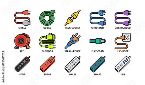 Power cords and extension types arranged in grid layout