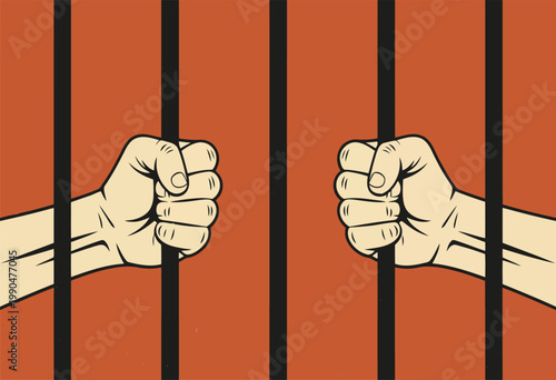 Hands clenched in fists behind bars a symbol of imprisonment and struggle