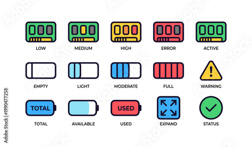 Battery status icons indicating levels and warnings on white background