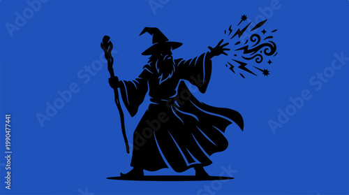 Mystical Wizard Casting Spell with Staff Silhouette on Blue Background.