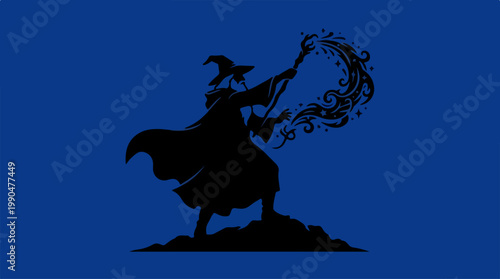 Mystical Wizard Silhouette Casting Magic Spell on Blue Background.