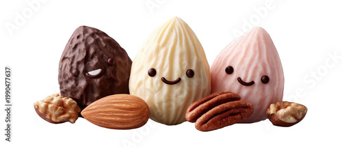 Three whimsical chocolate confections with smiling faces, surrounded by nuts on a clean surface