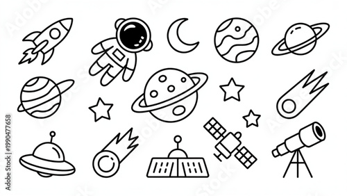 Cute Outer Space Line Illustration Set Planets, Rocket, and Galaxy Elements Collection