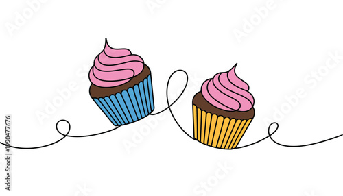 Two delicious cupcakes with pink frosting and colorful wrappers a sweet treat illustration