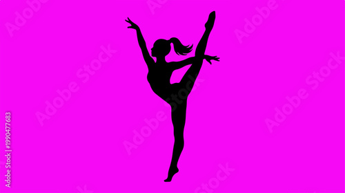 Silhouette of a graceful dancer performing a high split against a vibrant pink backdrop.
