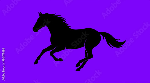 Silhouette of a galloping horse against a vibrant purple backdrop.