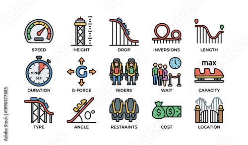 Roller coaster performance and measurement icons with labels