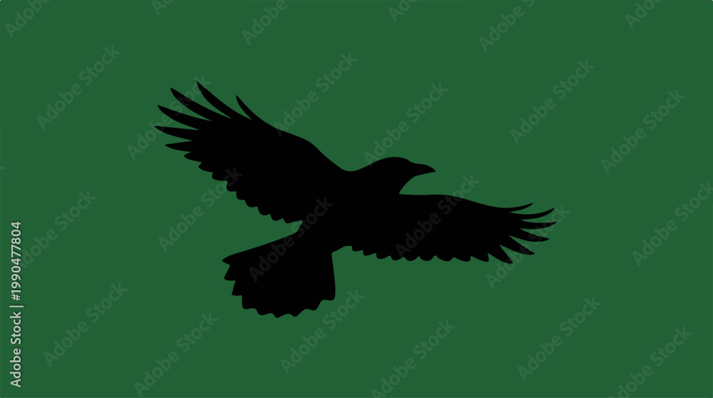 Fototapeta premium Silhouette of a raven soaring against a green background.
