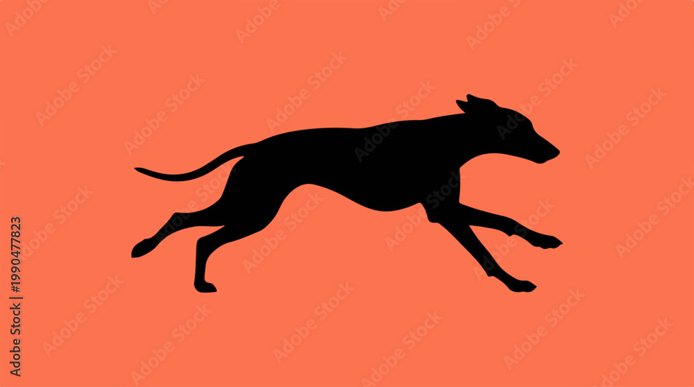 Fototapeta premium Silhouette of a running dog against an orange background, dynamic pose.