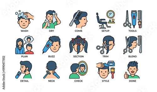 Men and haircut service icons showing grooming steps and tools