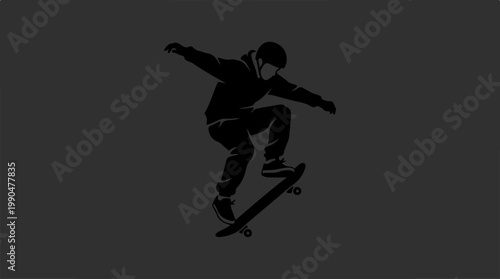 Silhouette of a skateboarder performing an aerial trick against a dark background.