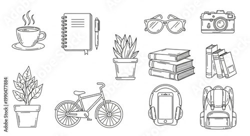 Collection of hand-drawn sketch objects for creative lifestyle.