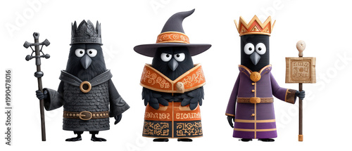 Three whimsical crow characters dressed as a wizard, king, and sorcerer in a fantasy setting