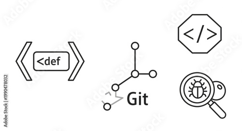 Software development icons and symbols for coding and debugging.